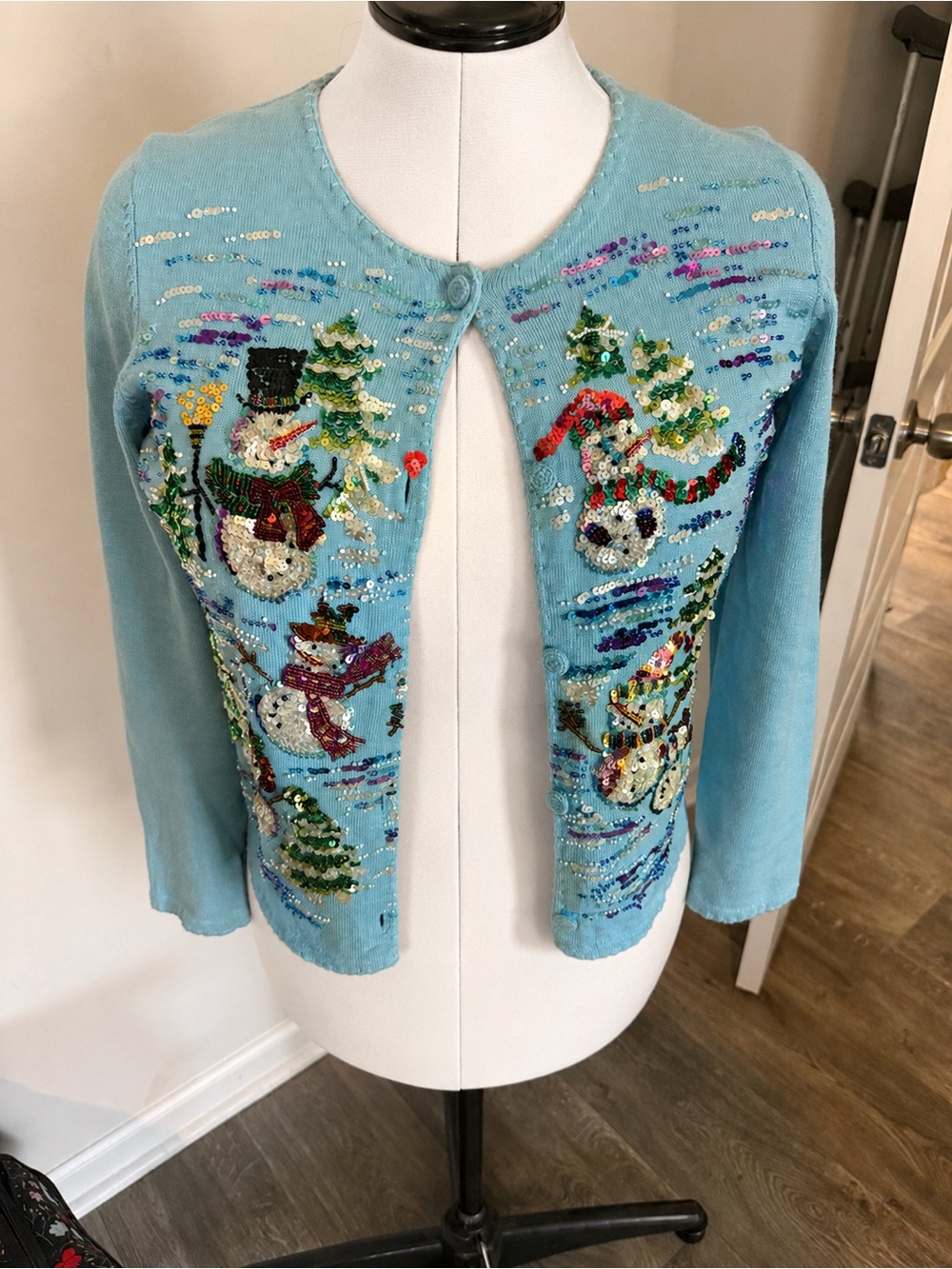 Michael Simon Light Blue Sequin Snowman Cardigan - Picture 2 of 7